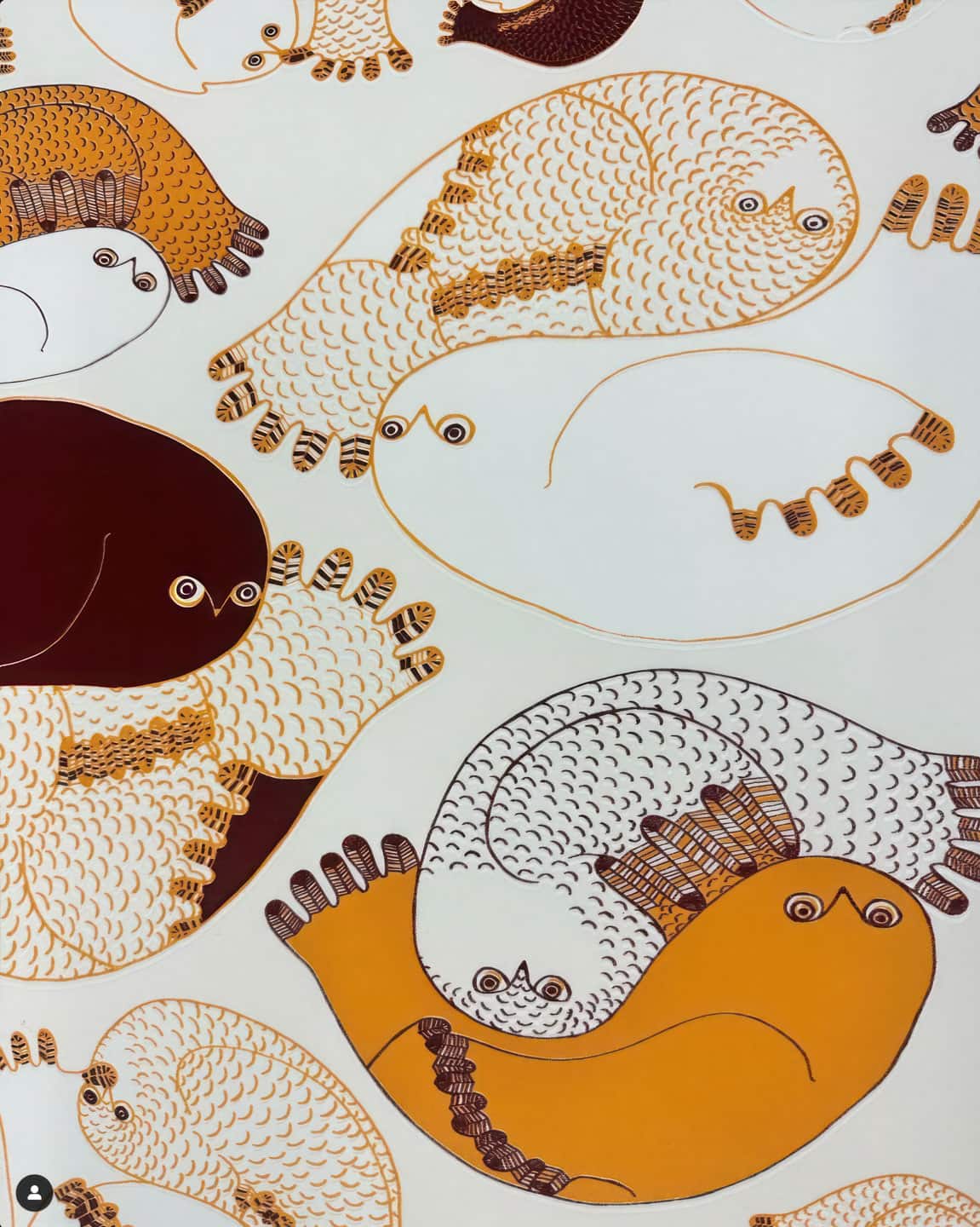 Ningiukulu Teevee, Birds, 2023, sample crop of 122×39½ silk-screened tapestry. Pattern designed by Alex Fischer from comissioned drawings by Ningiukulu Teeve.